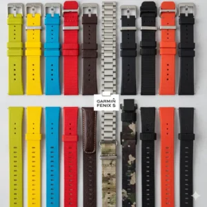 An assortment of colorful and textured replacement bands for the Garmin Fenix 5, highlighting a wide range of options.
