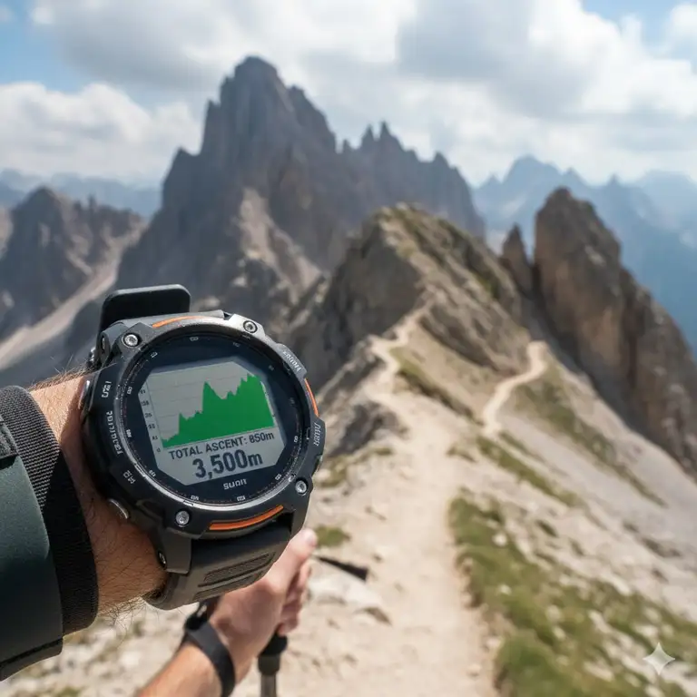 A rugged activity tracker with altimeter display showing elevation gain and current altitude during a mountain hike.
