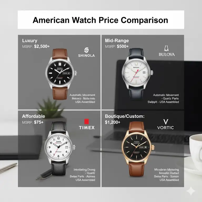 American watch price comparison grid showing various brands and MSRPs.