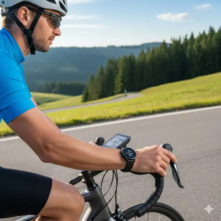 Best activity tracker for biking on a cyclist's wrist, showing data like speed and distance on a ride.