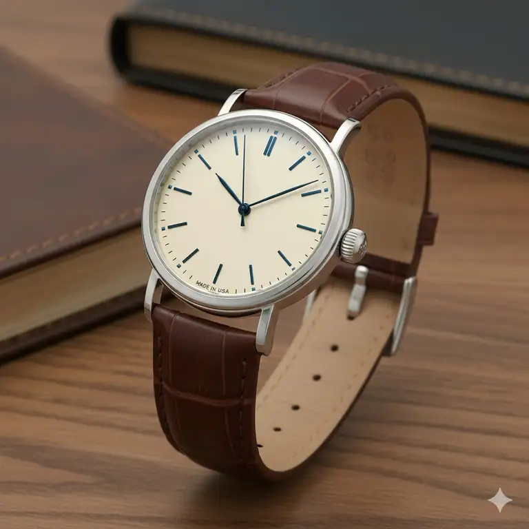 A close-up shot of a sophisticated best American made watches with a leather strap, highlighting the quality and craftsmanship.