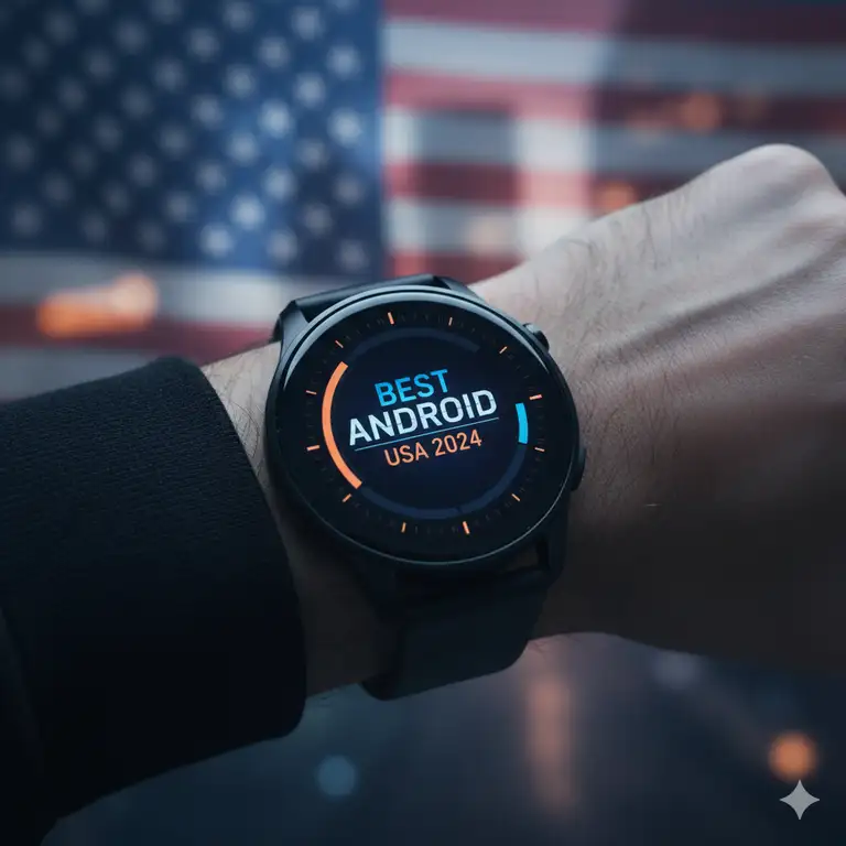 Sleek black smartwatch displaying "Best Android Watches USA 2024" on its screen with a US flag background.