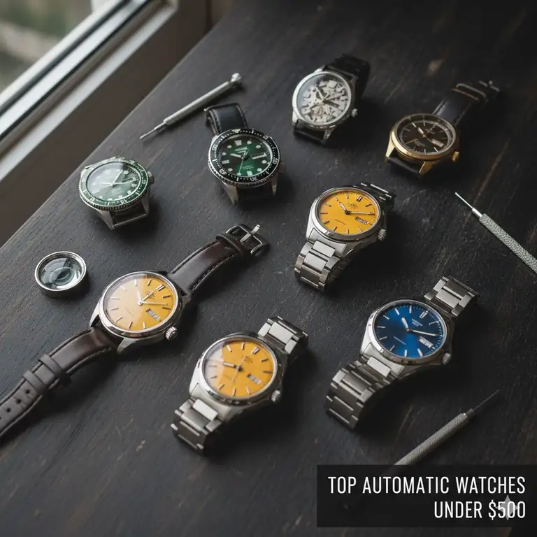 A group shot of the best automatic watches under 500 dollars from various affordable brands.