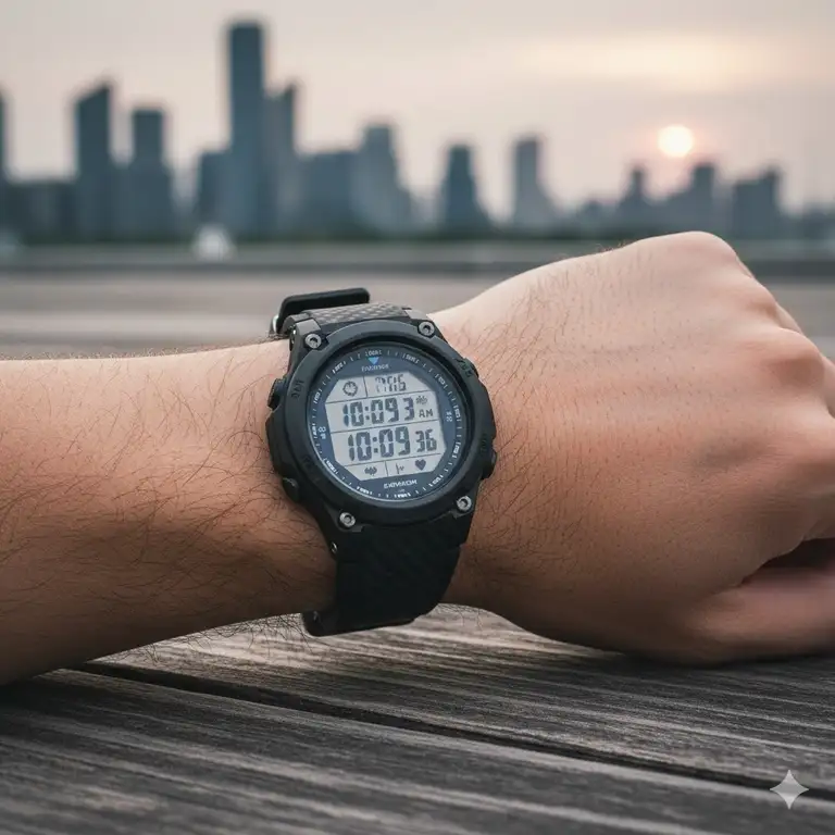 The best digital watch for men, a black model with a durable strap, featured prominently on a man's wrist.