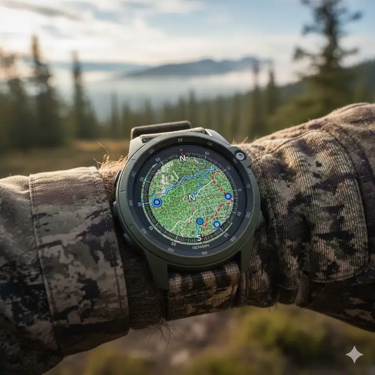 Best GPS watch for hunting shown on a wrist, displaying a topographical map and compass.