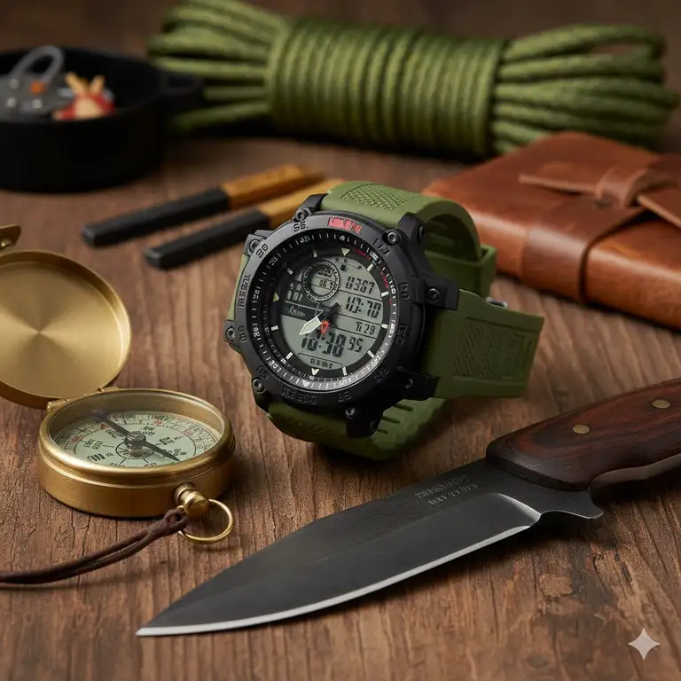 A close-up shot of the overall best outdoorsman watch displayed alongside essential survival gear like a compass and knife.