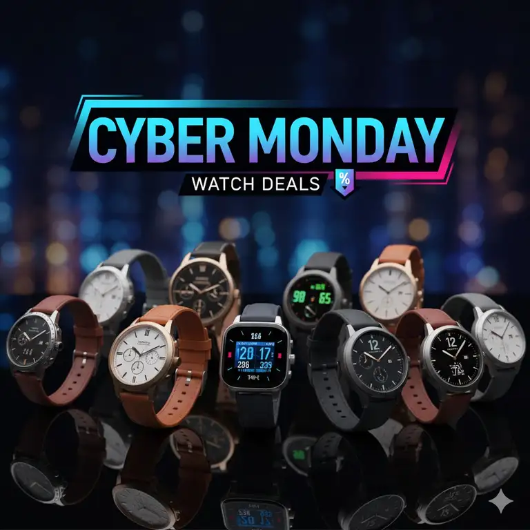 A selection of stylish men's and women's watches displayed with a Cyber Monday sales banner, highlighting the best cyber monday watch deals of the year.