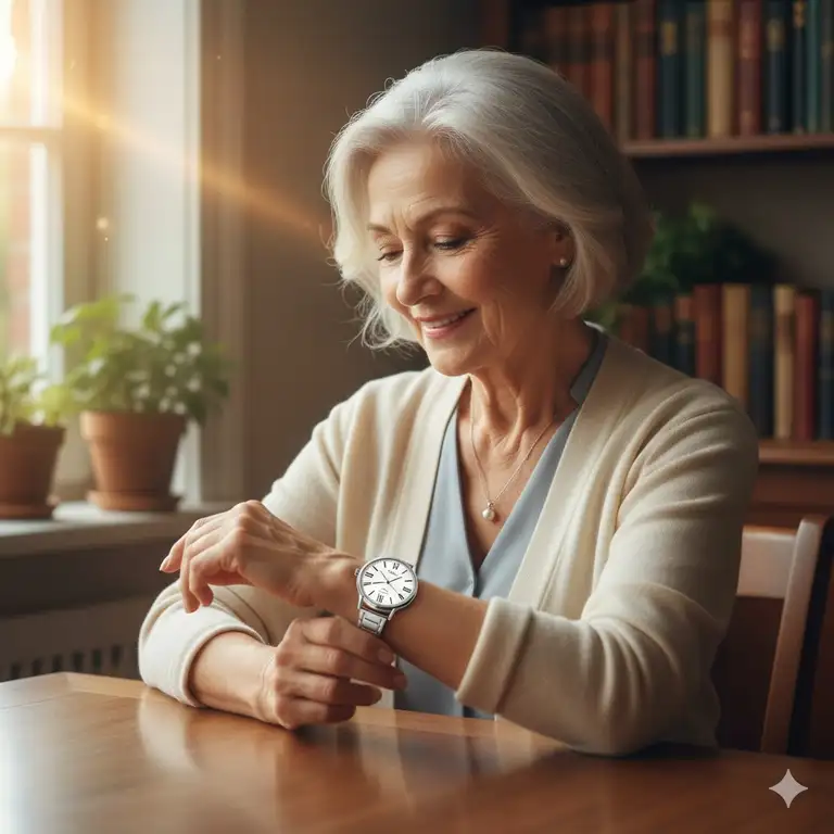 Elegant elderly woman checking the time on a large face watch with clear numbers.