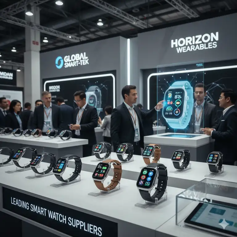 A professional image showcasing a variety of the latest models from smart watch suppliers at an industry trade show or factory.