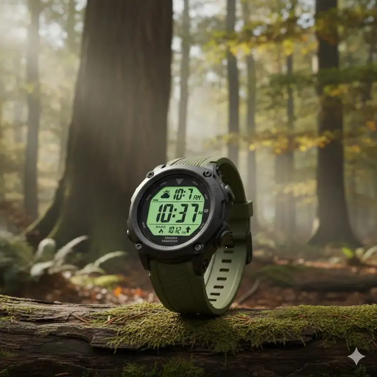 Rugged digital hunting watch showing time and barometric pressure against a forest background.