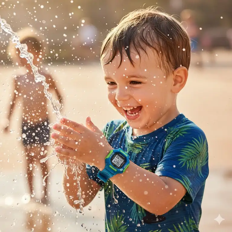 A happy child playing with water while wearing a durable and colorful waterproof watch for kids on their wrist.
