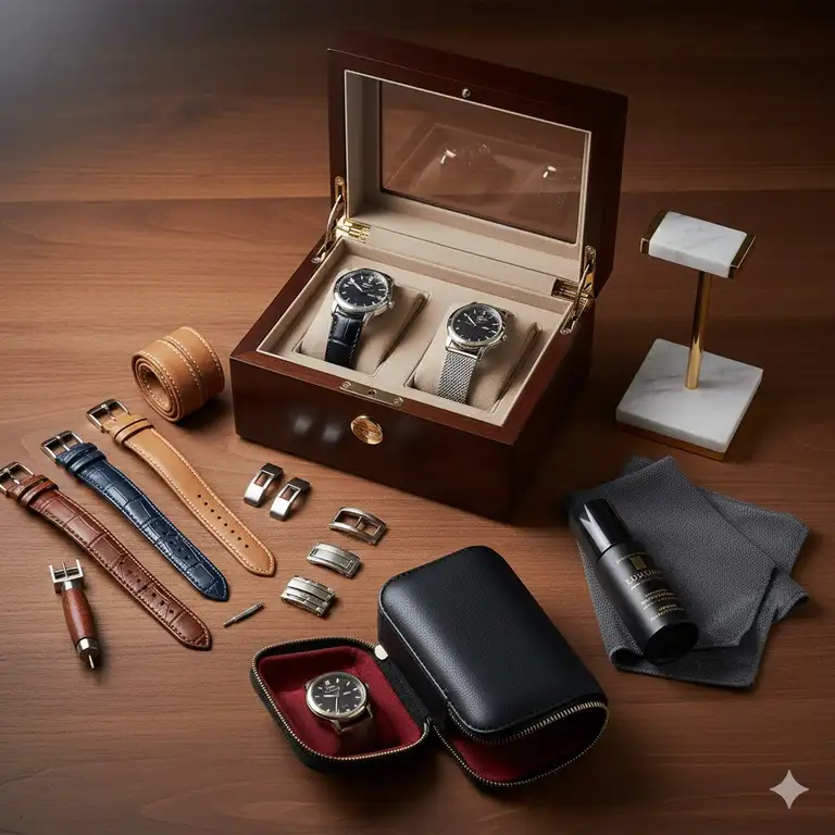 A curated collection of luxury watches accessories, including leather straps, winding boxes, and polishing cloths, on a wooden surface.