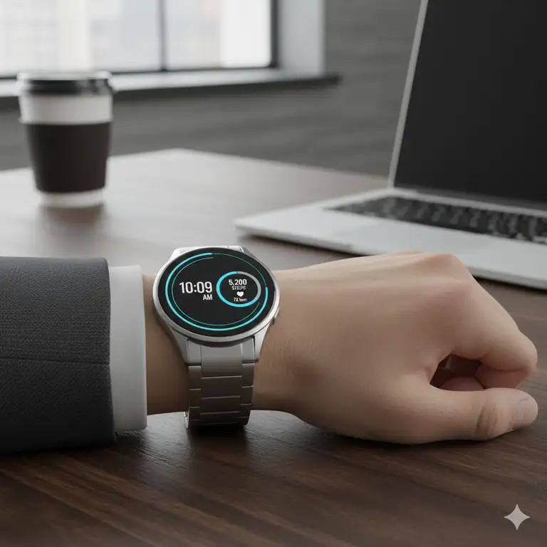 1-metal-smartwatch-on-wrist: Sleek, silver metal smartwatch with a stainless steel band on a person's wrist, showing the time and a fitness tracking display.