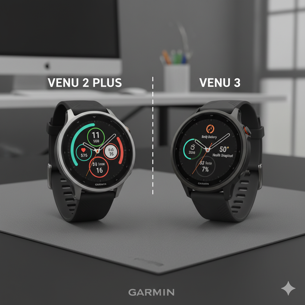 A side-by-side comparison of the Garmin Venu 2 Plus vs Venu 3 smartwatches, highlighting their design differences and user interfaces.