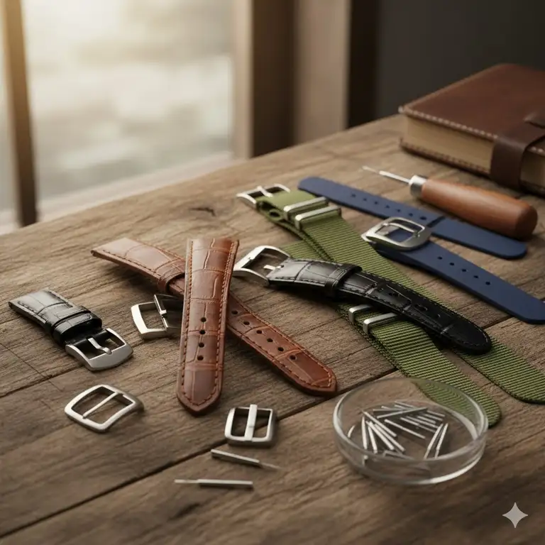 Featured image showing a variety of leather and nylon watch strap accessories, including different buckles and spring bars, laid out on a wooden surface.