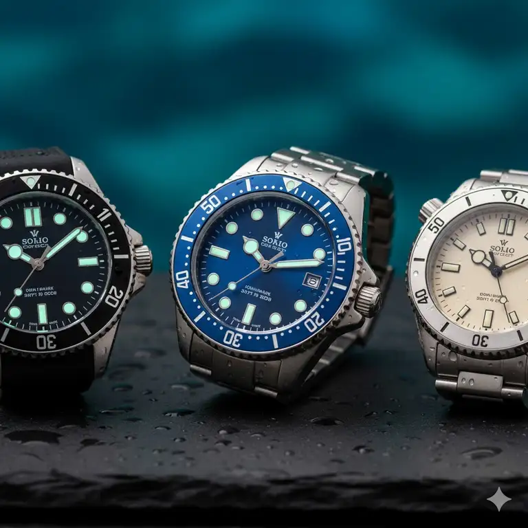A detailed close-up shot of the best dive watches under 1000, showcasing their rotating bezels and luminous dials.