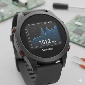 Close-up view of the digital screen on a modern activity tracker with altimeter displaying barometric pressure. 