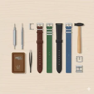An organized assortment of watch straps and complementary tools for easy changing and maintenance.