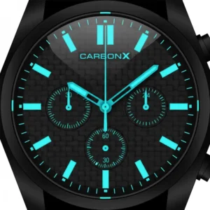 Close-up of the textured carbonX watch dial, showcasing the high-quality carbon fiber construction.