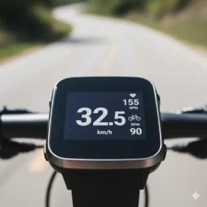 Close-up of a high-quality activity tracker for biking displaying real-time cycling metrics. 