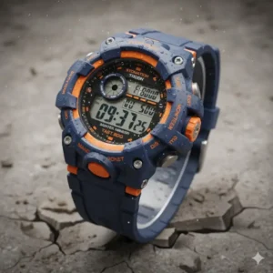 Close-up of a rugged, impact-resistant, durable waterproof watch for kids, built to handle active play. 