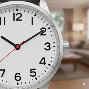 Close-up of an easy-to-read watch face with large, contrasting numerals for better visibility. 