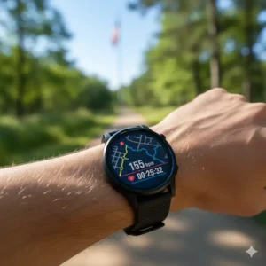 Runner using a fitness app on their wrist to track heart rate and GPS route, perfect for Android Watches USA. 