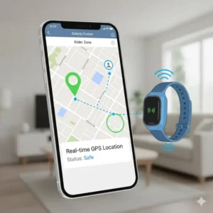Smartphone screen showing real-time GPS location tracking of the tracker bracelet for elderly wearer on a map.