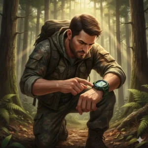 Hunter using a durable, best GPS watch for hunting to check their location and track their route in the woods.