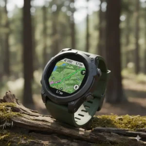 Modern hunting watch with GPS tracking activated, displaying a route map. 
