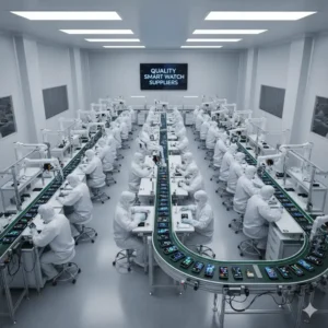 An overhead view of a clean room manufacturing and assembly line, illustrating the precision of quality smart watch suppliers. 