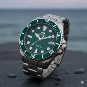The green dial Orient Kamasu dive watch, one of the best automatic watches under 500 dollars for ocean enthusiasts.