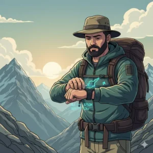 An illustration showing an outdoorsman watch being used to track a GPS route during a strenuous mountain hike.