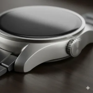 2-premium-metal-smartwatch-design: Close-up of the elegant, brushed metal design of a premium smartwatch casing and rotating crown. 