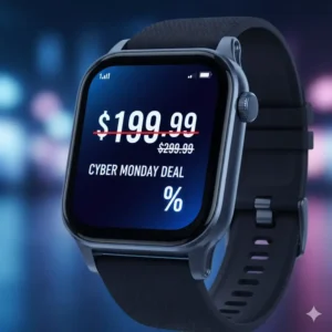 Close-up of a high-tech smartwatch face showing a significant discount, part of the cyber monday watch deals event.