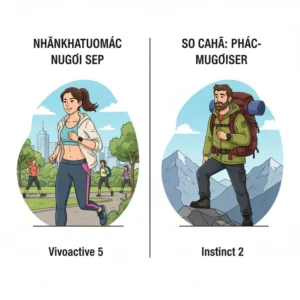 Visual comparison showing the vibrant AMOLED display of the Vivoactive 5 vs Instinct 2's monochrome, transflective display, emphasizing their aesthetic and readability differences. 