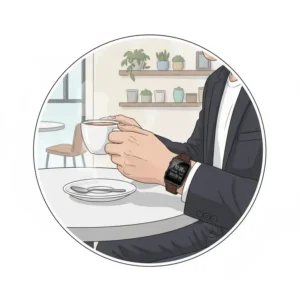 Man wearing a stylish, slim digital watch with a leather strap in a cafe, demonstrating the versatility of the best digital watch for men for casual wear.