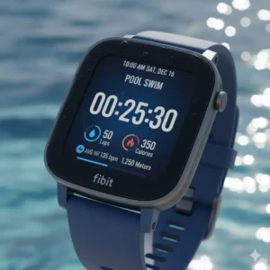 Close-up of the best fitbit for swimmers display showing metrics like lap count and calories burned. 