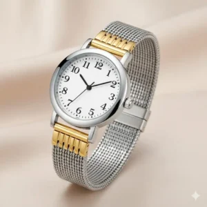 Comfortable watch for elderly woman featuring a self-adjusting elastic expansion band. 
