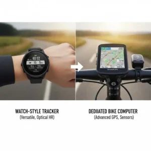 Comparing the features of a smart watch activity tracker versus a dedicated bike computer for biking. 
