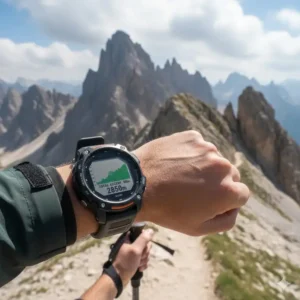 Hiker checking their wrist activity tracker with altimeter to monitor their ascent on a rocky trail. 