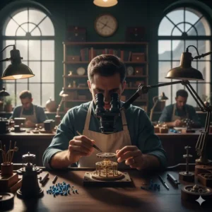 An American luxury watch manufacturer's workshop with a craftsman assembling a high-end timepiece.