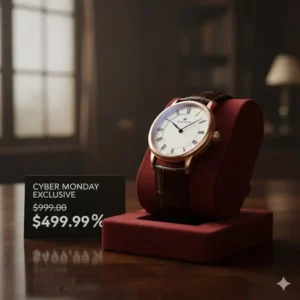 An elegant luxury watch with a leather strap showcased on a stand, available at a reduced price during the cyber monday watch deals sale.