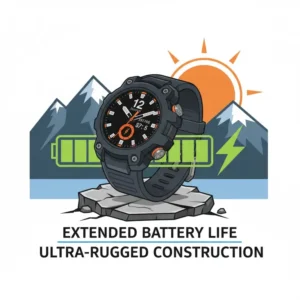A graphic highlighting the extended battery life and rugged construction of a top-rated outdoorsman watch model.