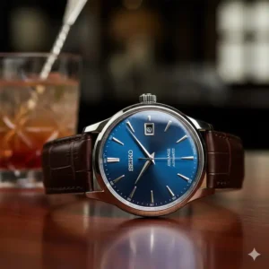 A close-up of the elegant blue dial Seiko Presage, a classic choice for the best automatic watches under 500 dollars.