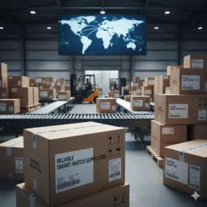 Boxes labeled for international shipment, symbolizing reliable logistics capabilities of smart watch suppliers. 