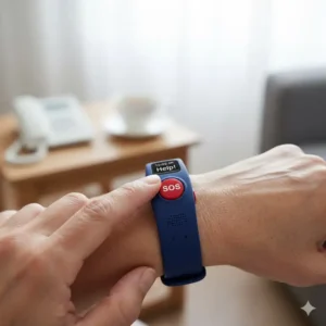 A clear image focusing on the prominent, one-touch SOS emergency button on the tracker bracelet for elderly.