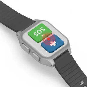 Diagram illustrating the SOS emergency button on the side of modern digital watches for elderly users, providing quick access to help.