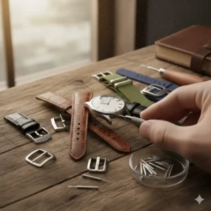 Close-up of a high-quality spring bar tool used to safely replace watch straps and accessories.