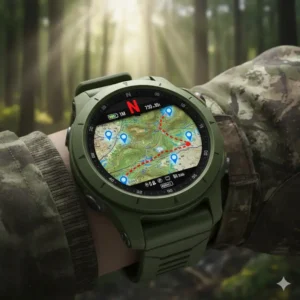 Close-up view of the topographic map display on a best GPS watch for hunting showing waypoints.